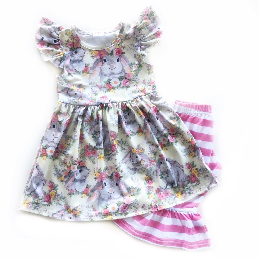 NWT Boutique Floral Girls Easter Dress Bunny Print & pink stripe Capri